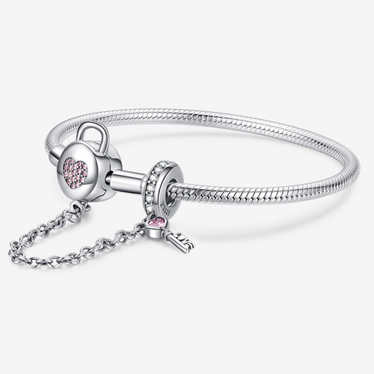 Pulsera de Charms con Cierre de Corazón y Traba de Seguridad - Plata 925